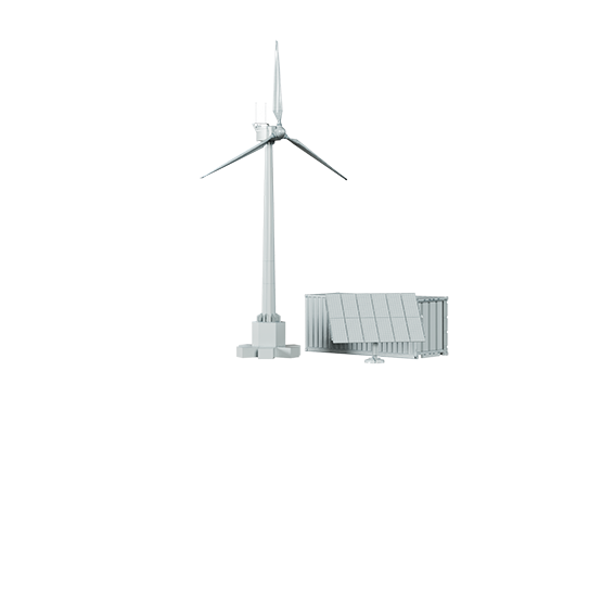 A graphic image showing a wind turbine and solar cells.