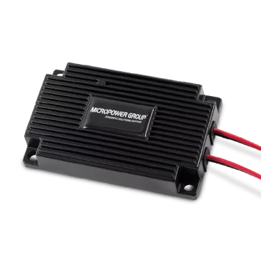 A black dcdc converter with two black cables. Product picture. White background. Logo in white: Micropower Group.