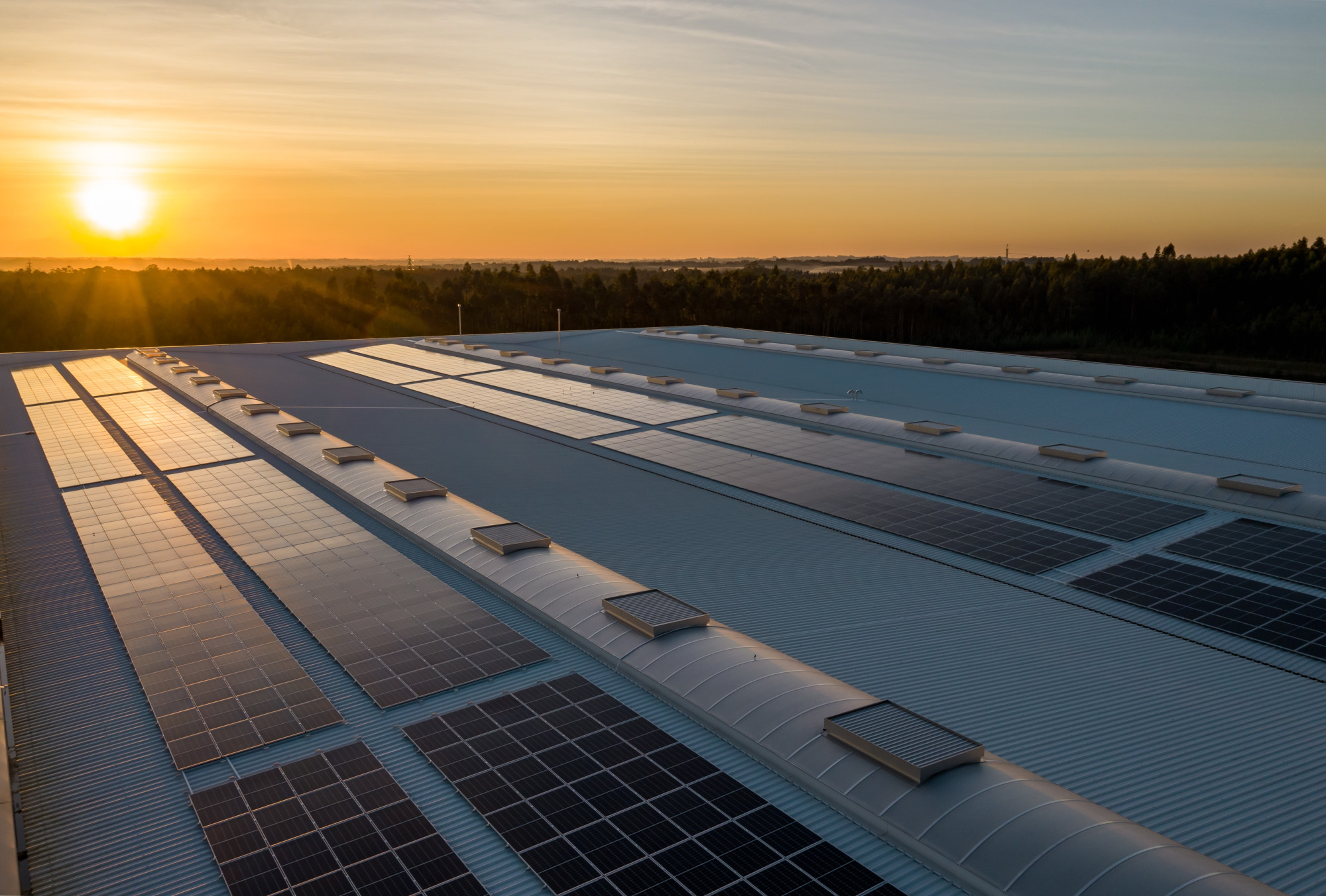 Factory roof with solar panels at sunset